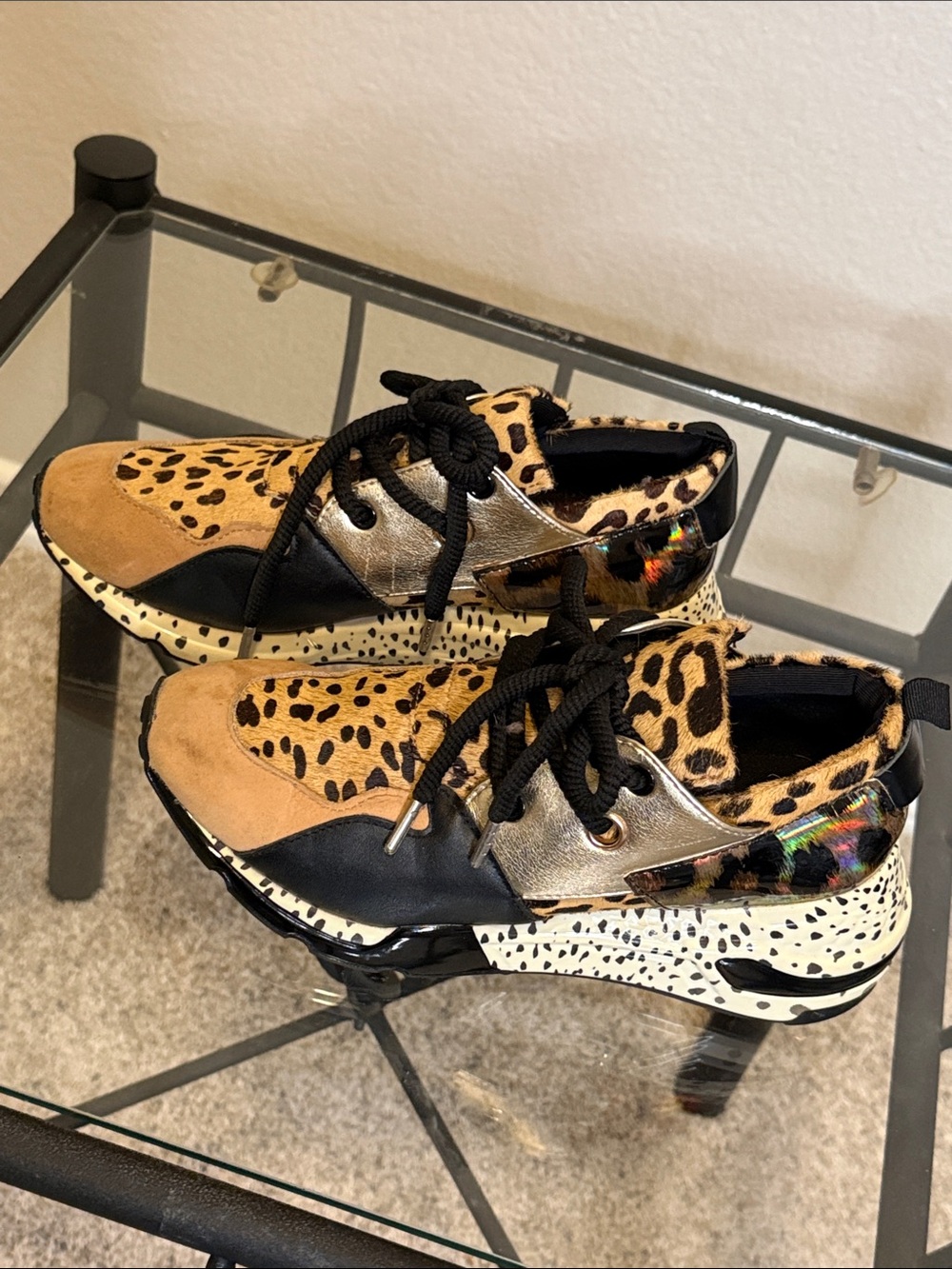 Steve Madden Calf Hair Leopard & Gold Mixed-Media Platform Sneakers Sz 7.5 - Picture 5 of 7